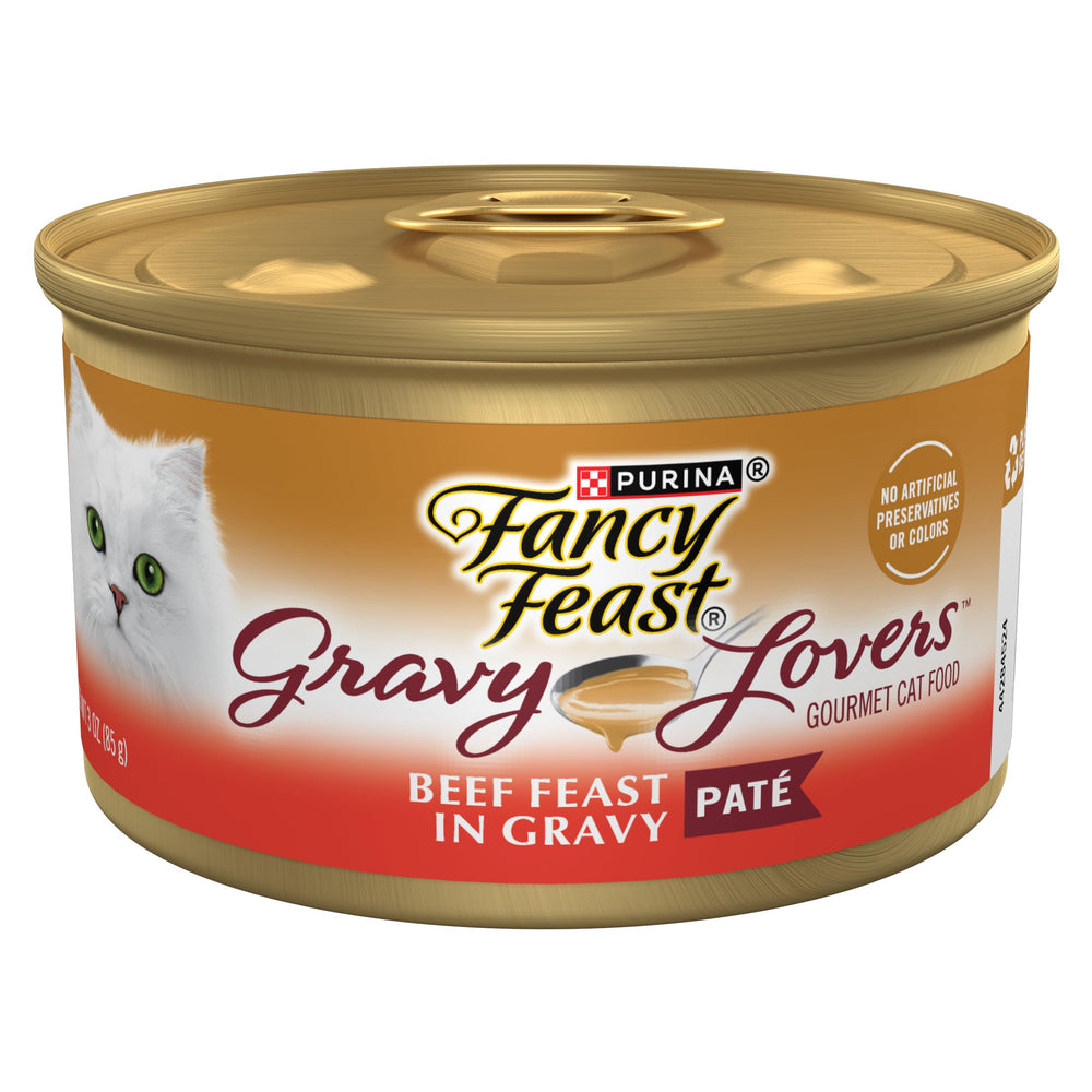 Fancy Feast Gravy Lovers Beef Feast cans with savory gravy for adult cats