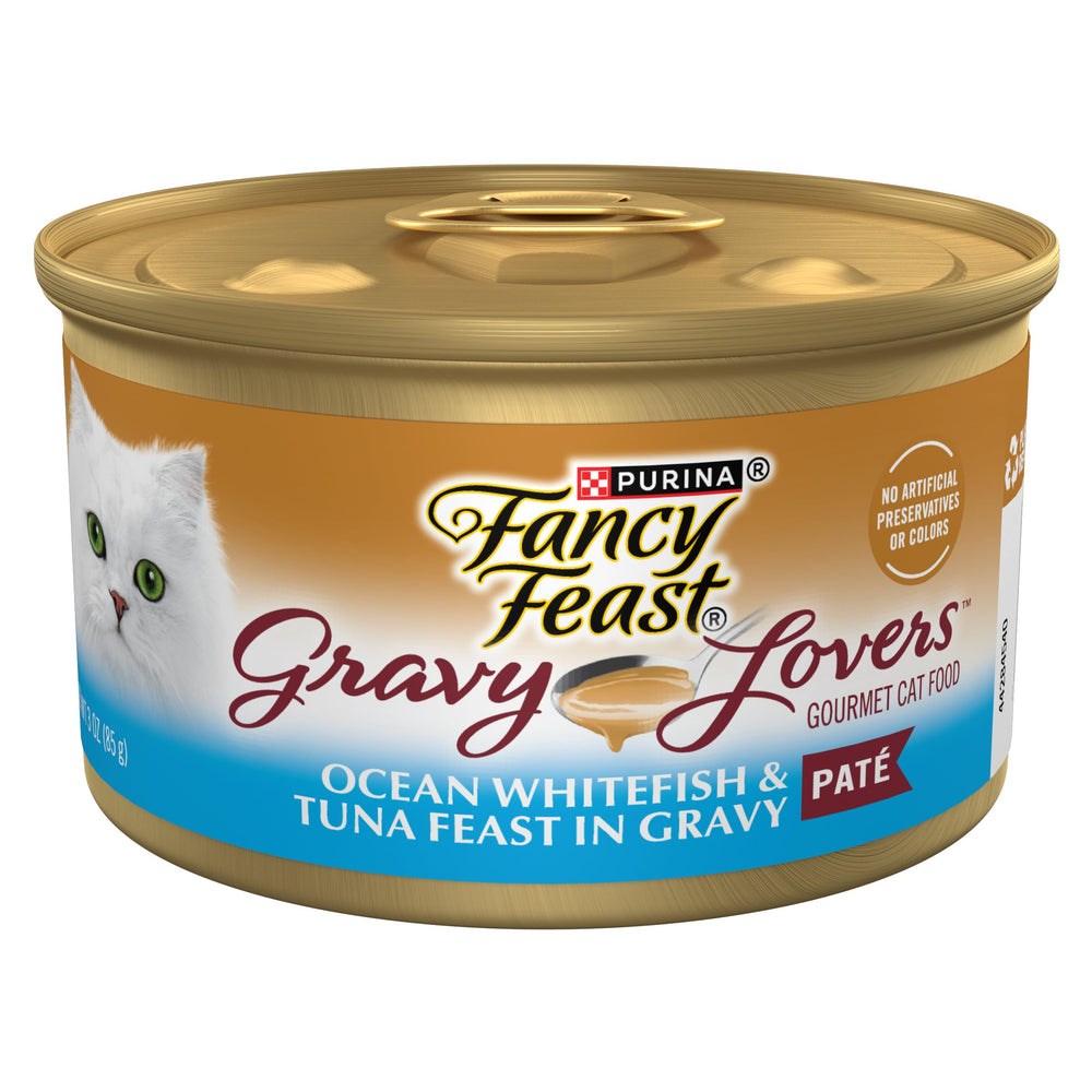 Fancy Feast Gravy Lovers Ocean Whitefish and Tuna Pate close-up texture for palatability