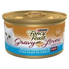 Fancy Feast Gravy Lovers Ocean Whitefish and Tuna Pate close-up texture for palatability
