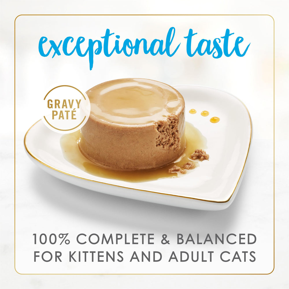 Fancy Feast Gravy Lovers pate in gravy close-up shows premium seafood flavor