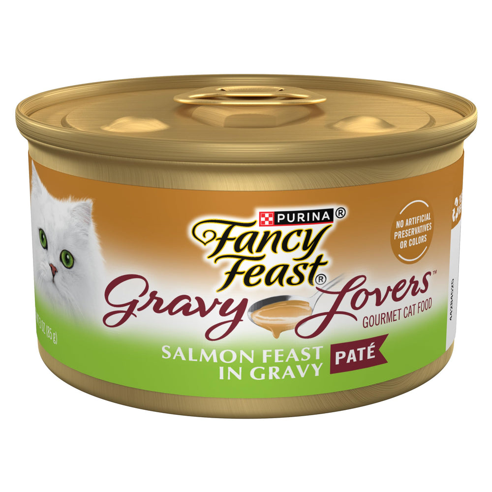 Fancy Feast Gravy Lovers Salmon Feast Pate with Gravy, inviting real salmon flavor for cats.
