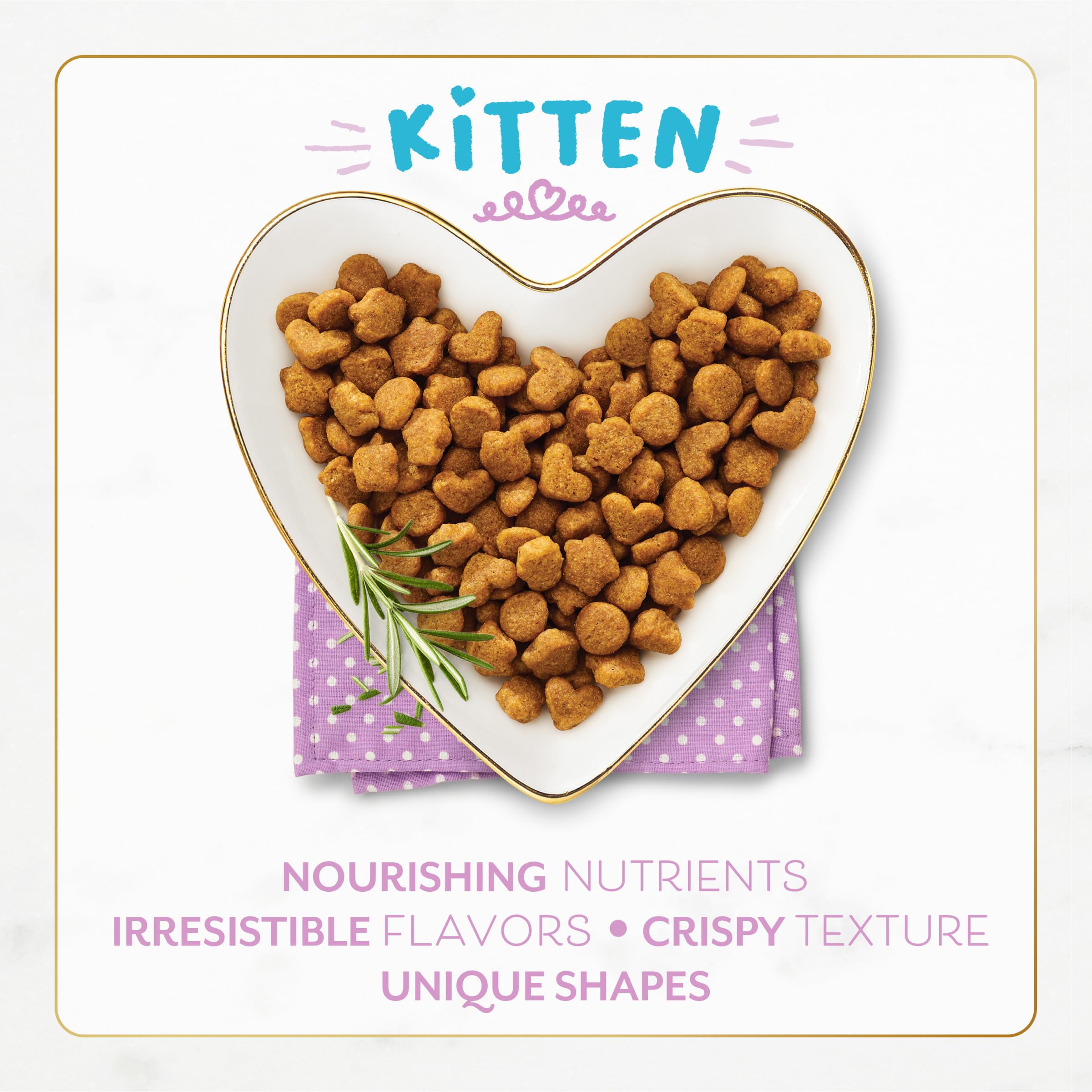 Fancy Feast kitten kibble close-up shows crispy texture and real poultry flavor.