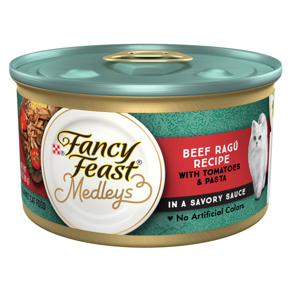 Fancy Feast Medleys beef ragu in gravy 3 oz can shows rich sauce and beef chunks.