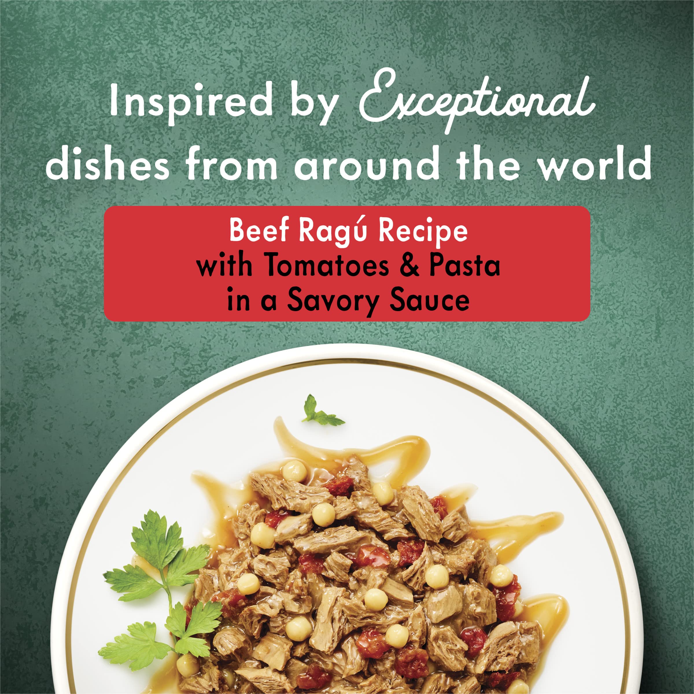 Fancy Feast Medleys beef ragu tomatoes pasta 3 oz can highlights tomato and pasta accents.