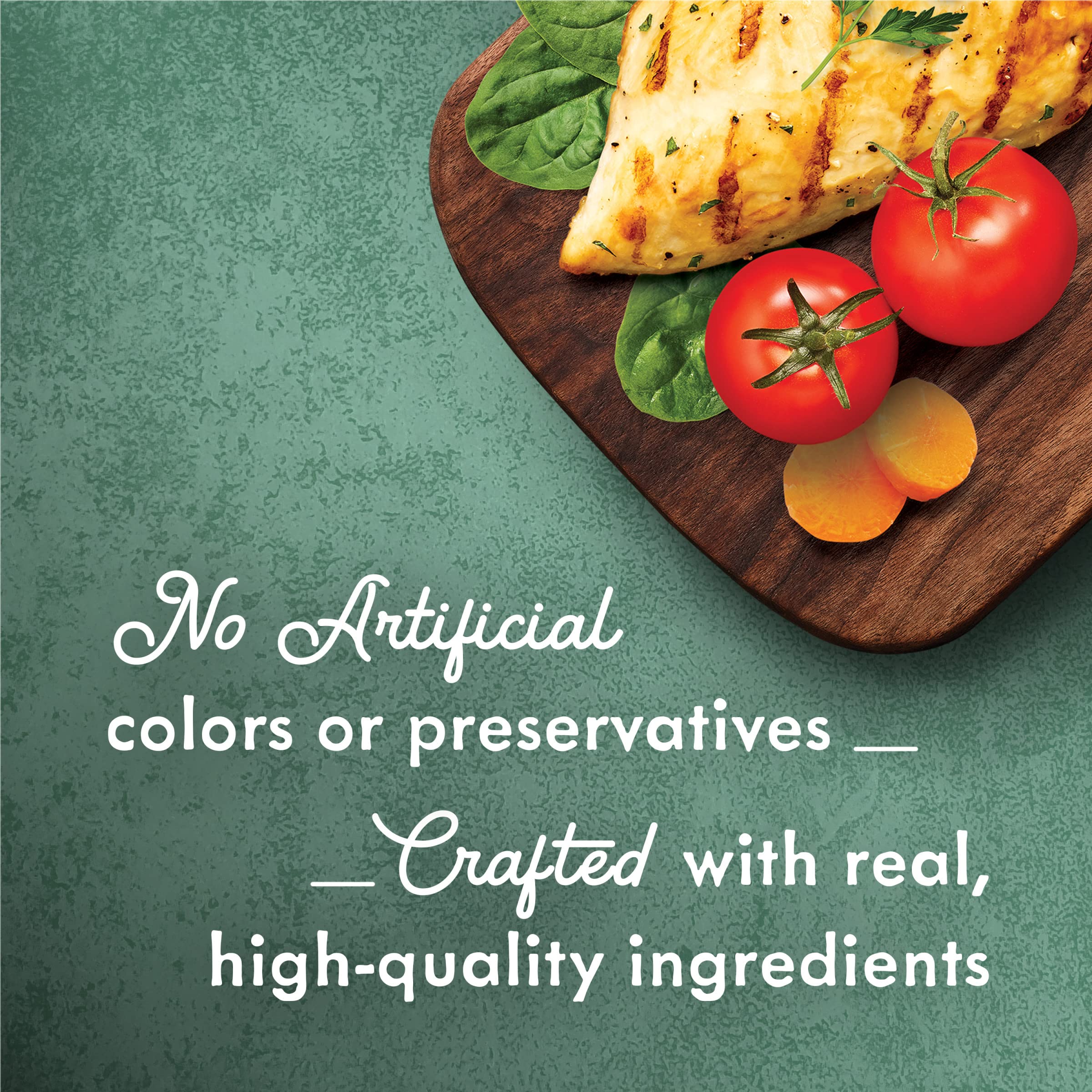 Fancy Feast Primavera broth presentation with visible chicken pieces and greens for a flavorful meal.