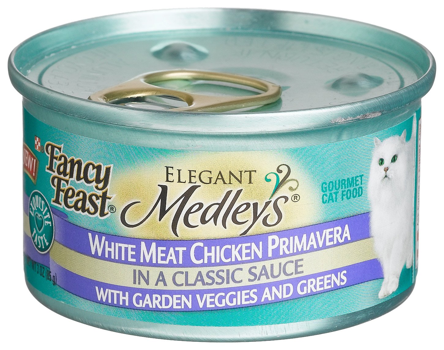 Fancy Feast Medleys Primavera can label closeup highlighting real ingredients and no artificial colors.