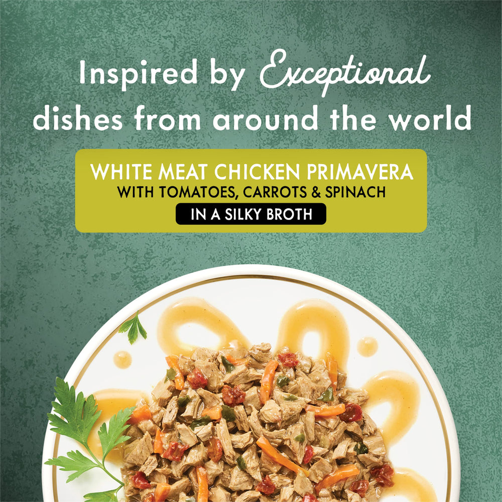 Fancy Feast Medleys Primavera image showing tomatoes, carrots, and spinach in savory broth.
