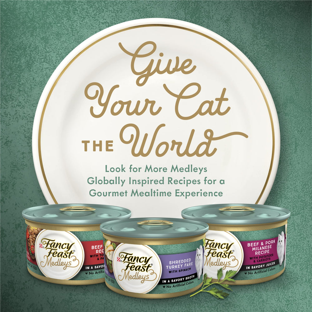 Fancy Feast Medleys Primavera pack shot emphasizing convenience and variety.