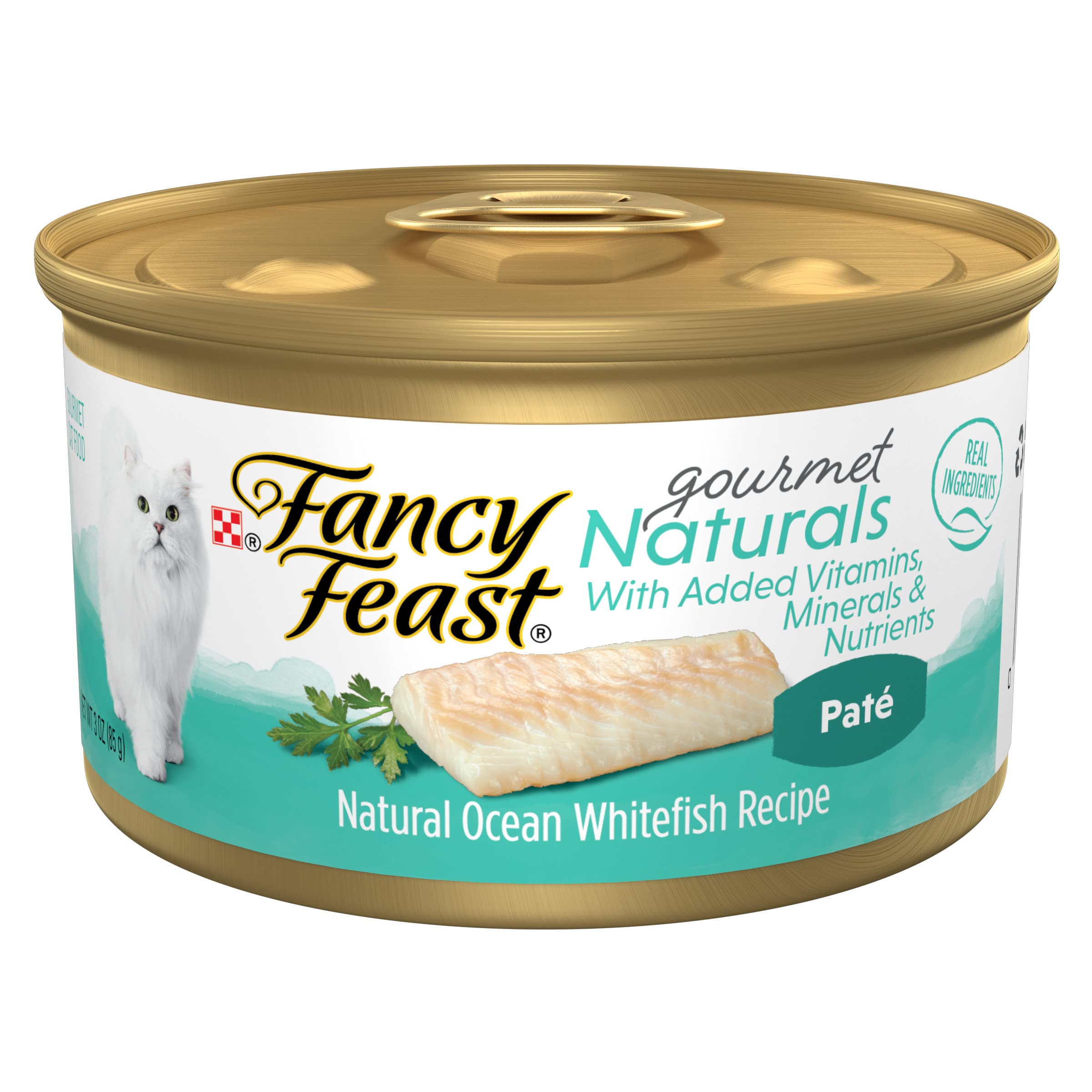 Fancy Feast Ocean Whitefish Pate can front view highlighting premium natural cat food.