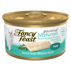 Fancy Feast Ocean Whitefish Pate can front view highlighting premium natural cat food.
