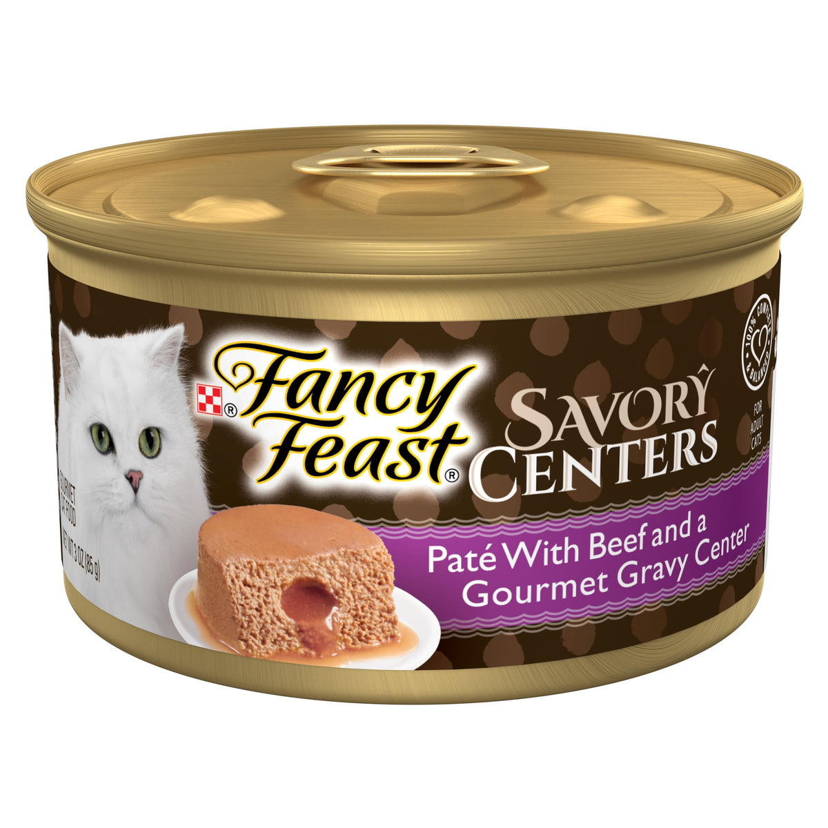 Fancy Feast Savory Centers beef pate with gravy center can, enticing texture for cats.