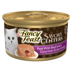 Fancy Feast Savory Centers beef pate with gravy center can, enticing texture for cats.