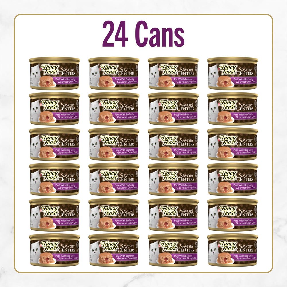Fancy Feast Savory Centers beef pate interior view; hidden gravy center adds flavor surprise.