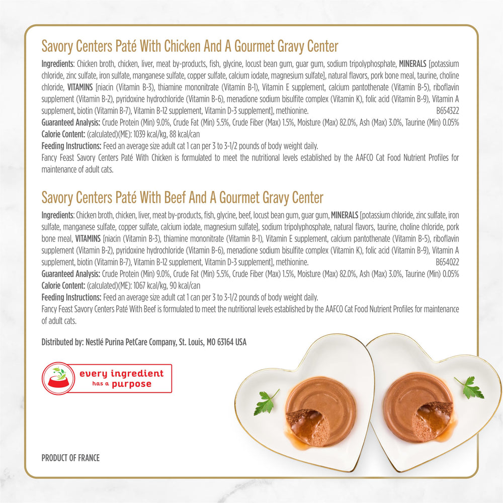 Fancy Feast Savory Centers close-up pate with real meat pieces in gravy.