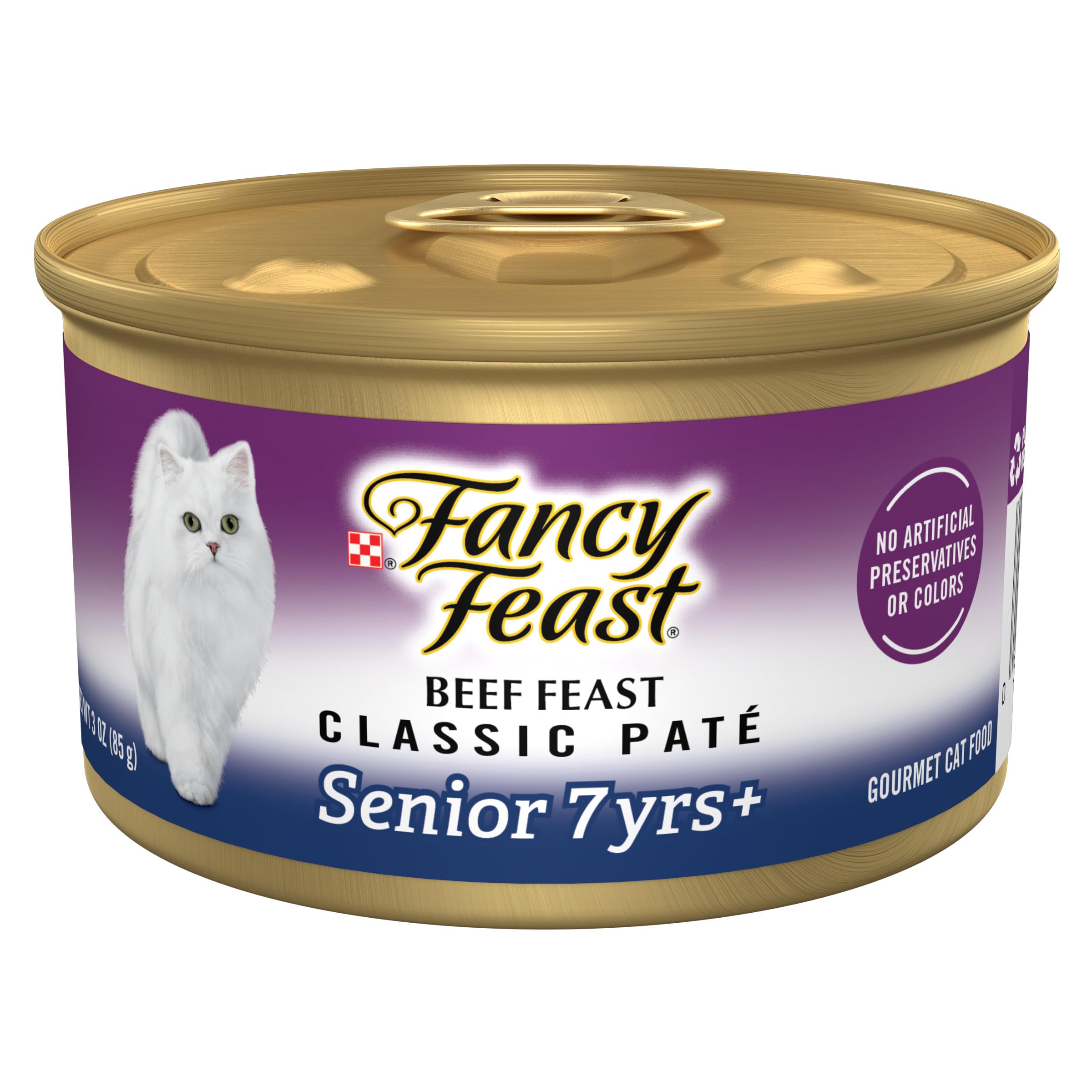 Fancy Feast Senior Beef Pate 7+ can closeup, easy-to-open packaging for seniors.