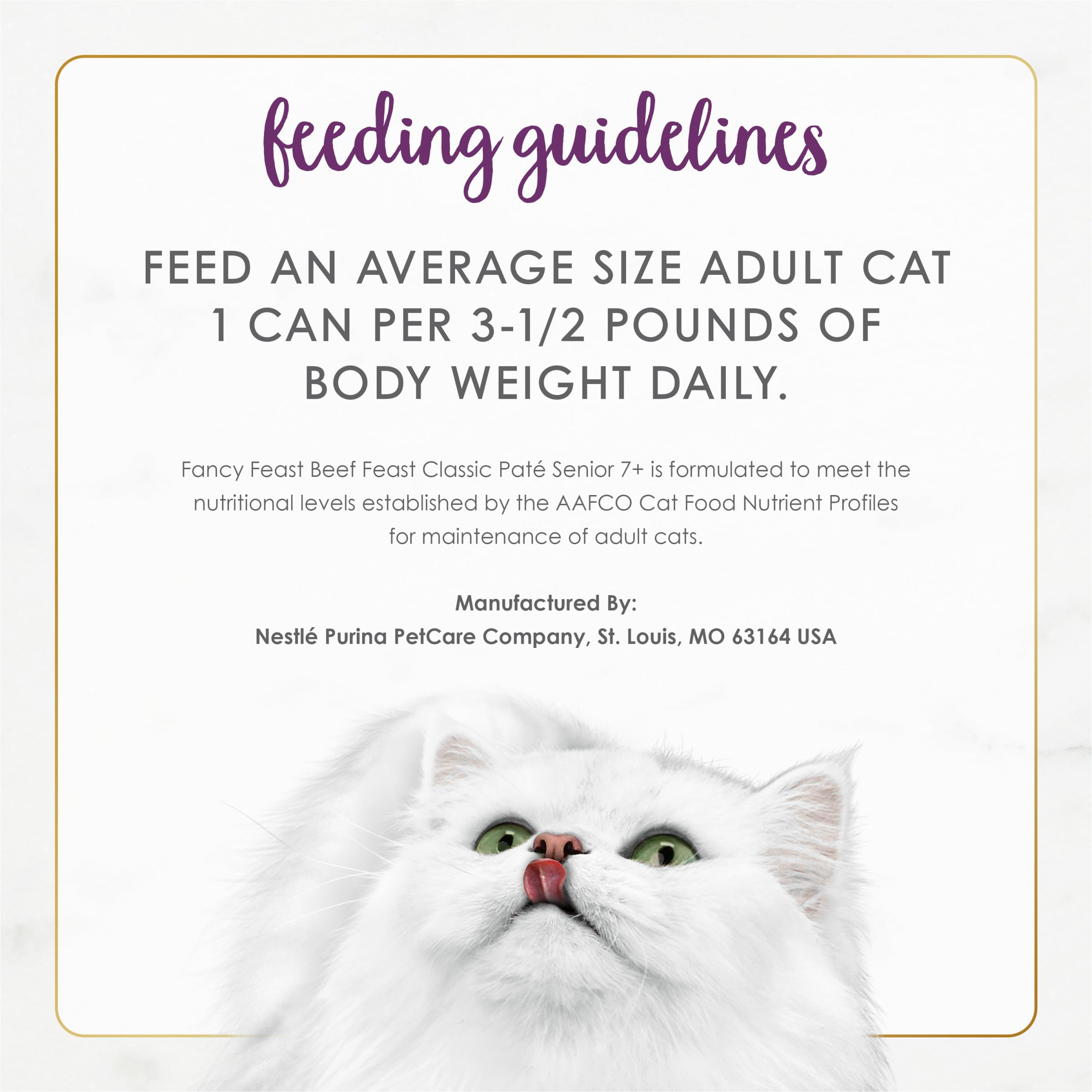 Fancy Feast Senior Beef Pate nutrition label closeup, balanced senior nutrition.