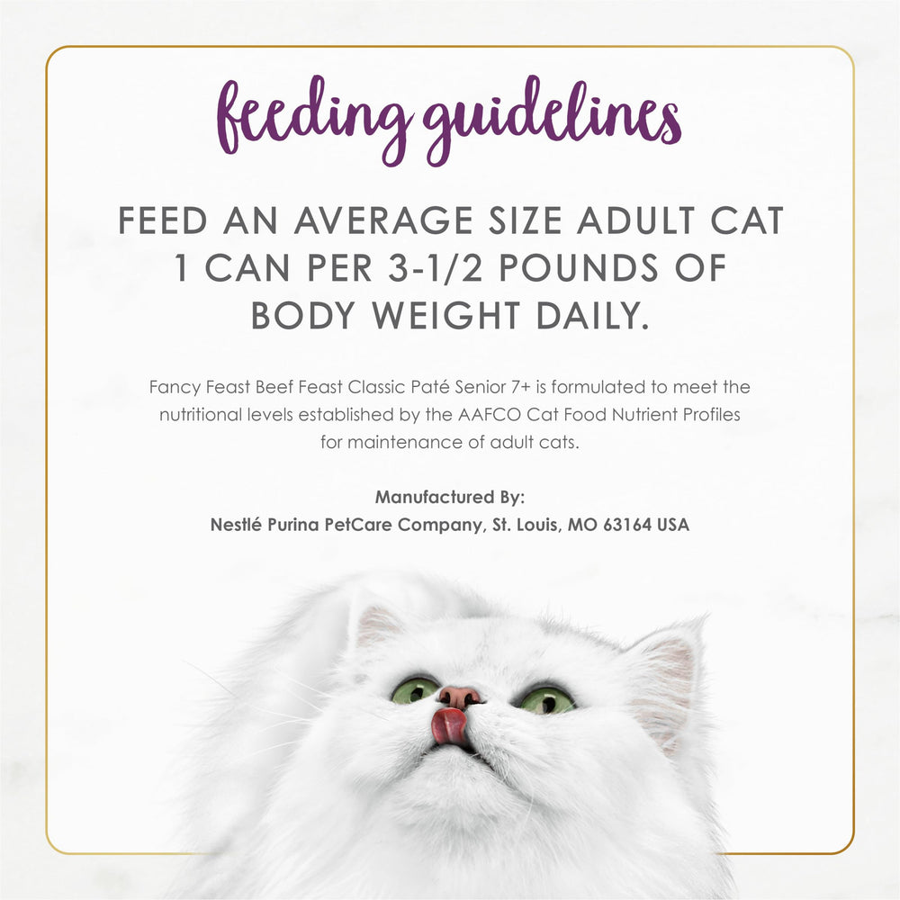 Fancy Feast Senior Beef Pate nutrition label closeup, balanced senior nutrition.