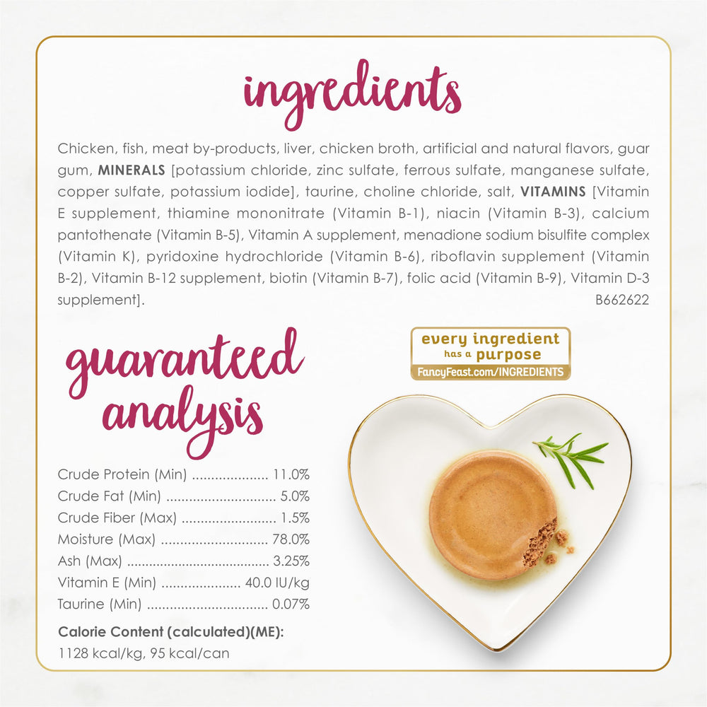 Nutrition notes: Vitamin E and taurine on Fancy Feast Senior Chicken Pate 7+