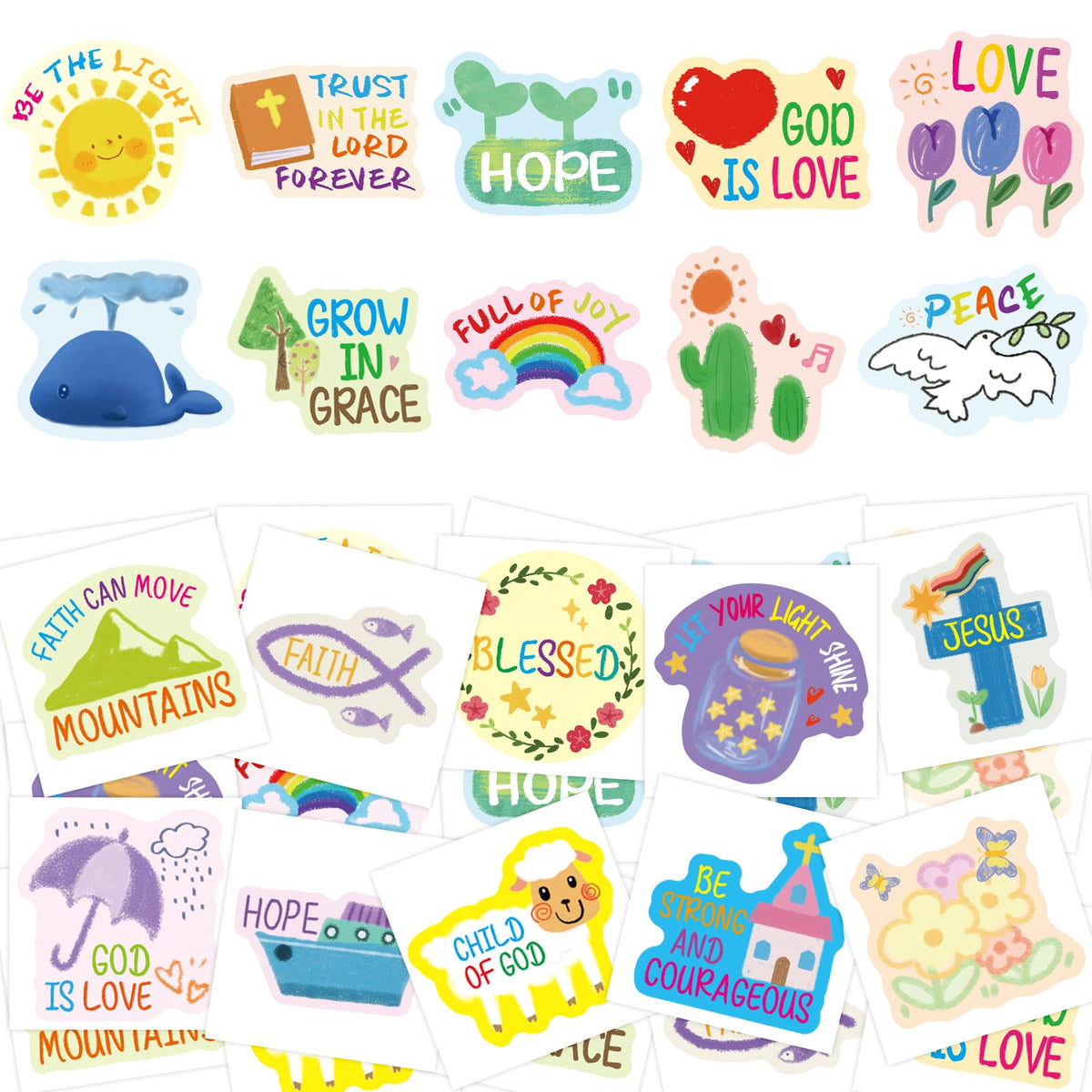 Fancy Land tattoo sheets showing Christian designs for kids' crafts and party decor.