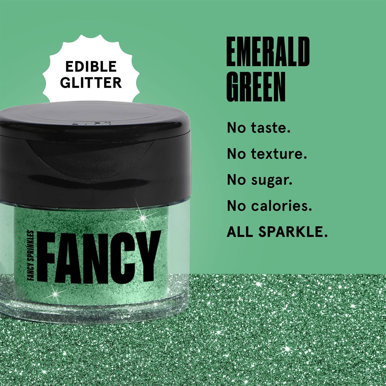 Fancy Sprinkles Emerald Green glitter jar close-up highlighting premium, edible shimmer.