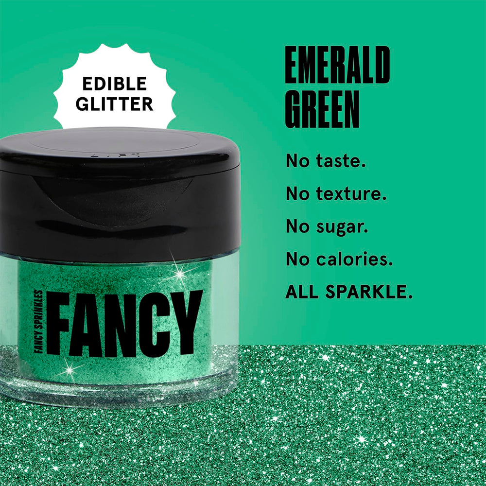 Fancy Sprinkles Emerald Green glitter jar close-up highlighting premium, edible shimmer.