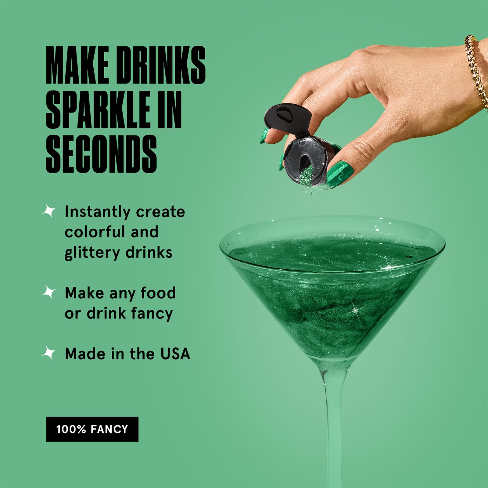 Fancy Sprinkles Emerald Green glitter being poured onto a drink for shimmer.