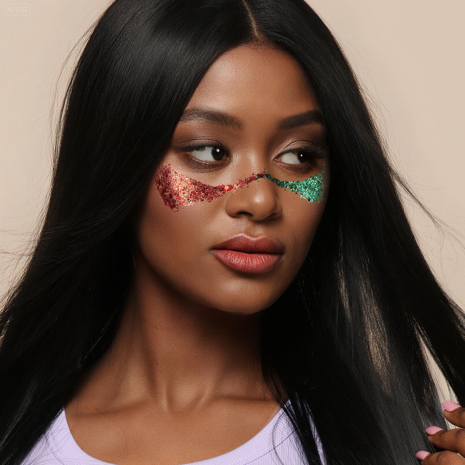 Body and hair glitter art with shimmering gems for party looks.