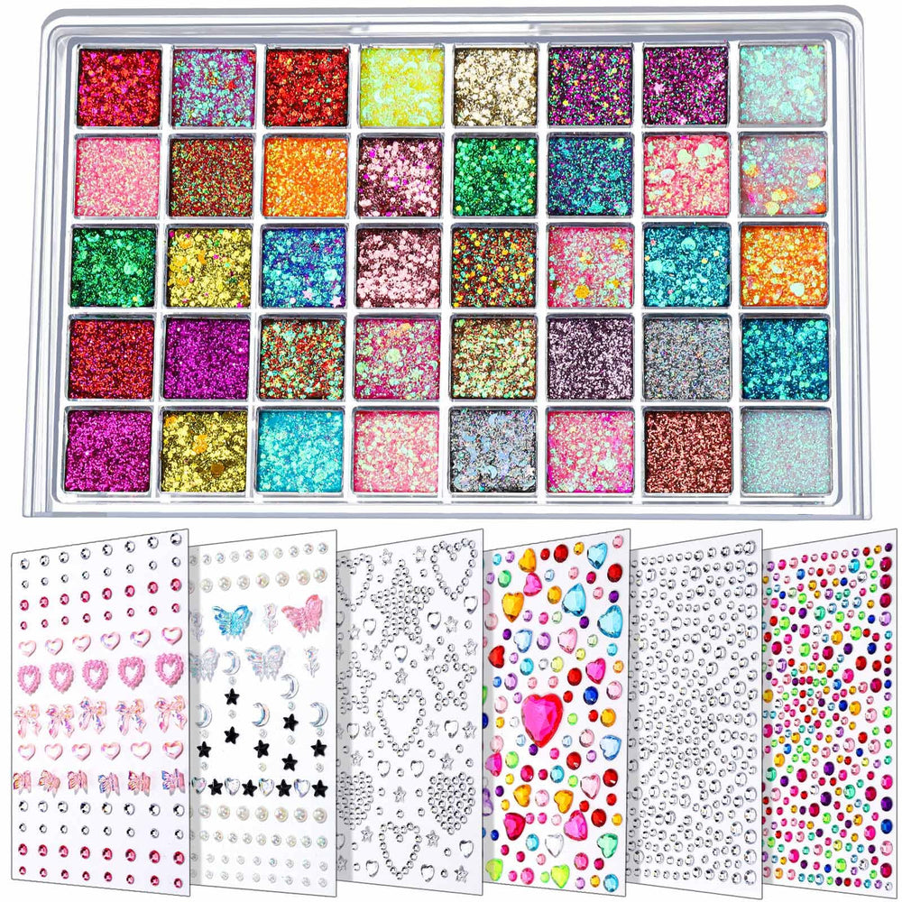FANDAMEI face glitter palette with 40 colors for bold festival looks.