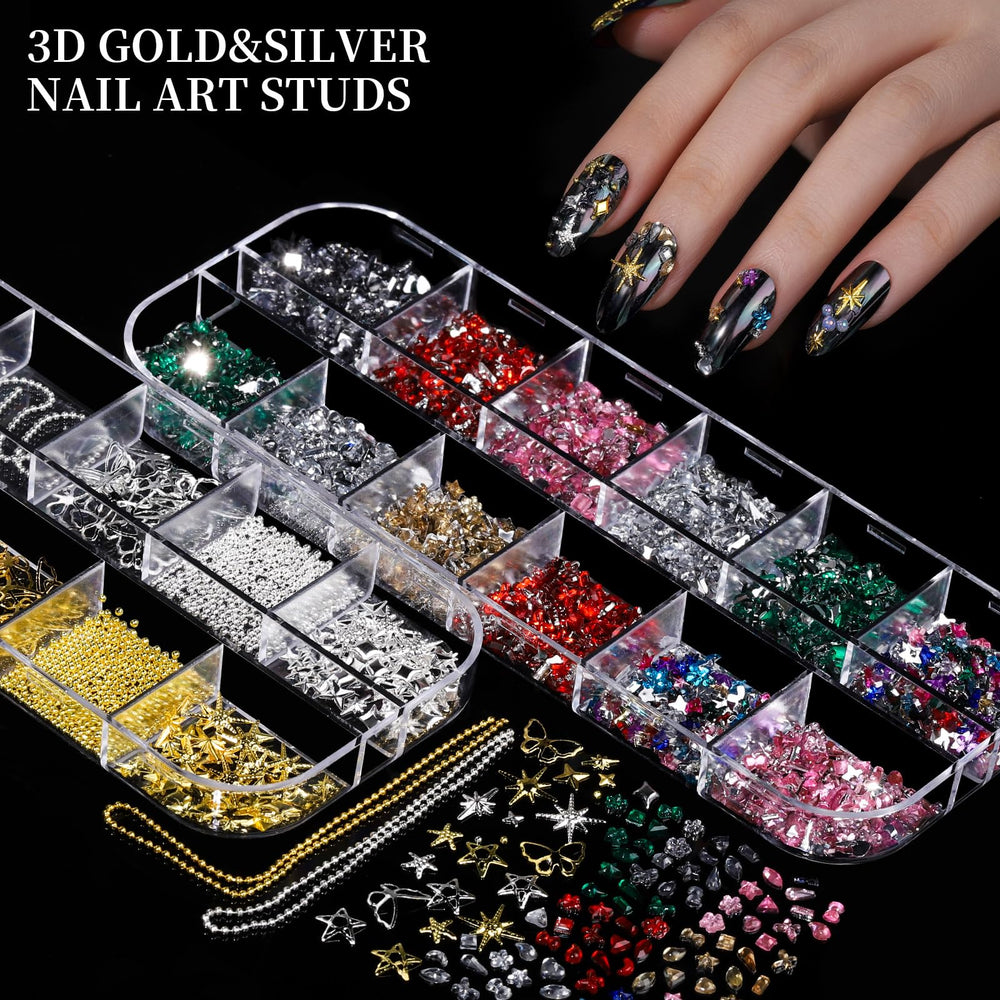 FANDAMEI gold and silver studs with chains for edgy, statement nail art