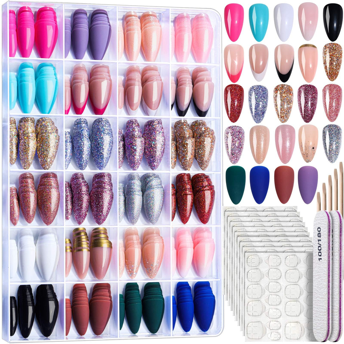 Fandamei almond short press-on nails in 24 colors for quick, natural-looking at-home manicures.