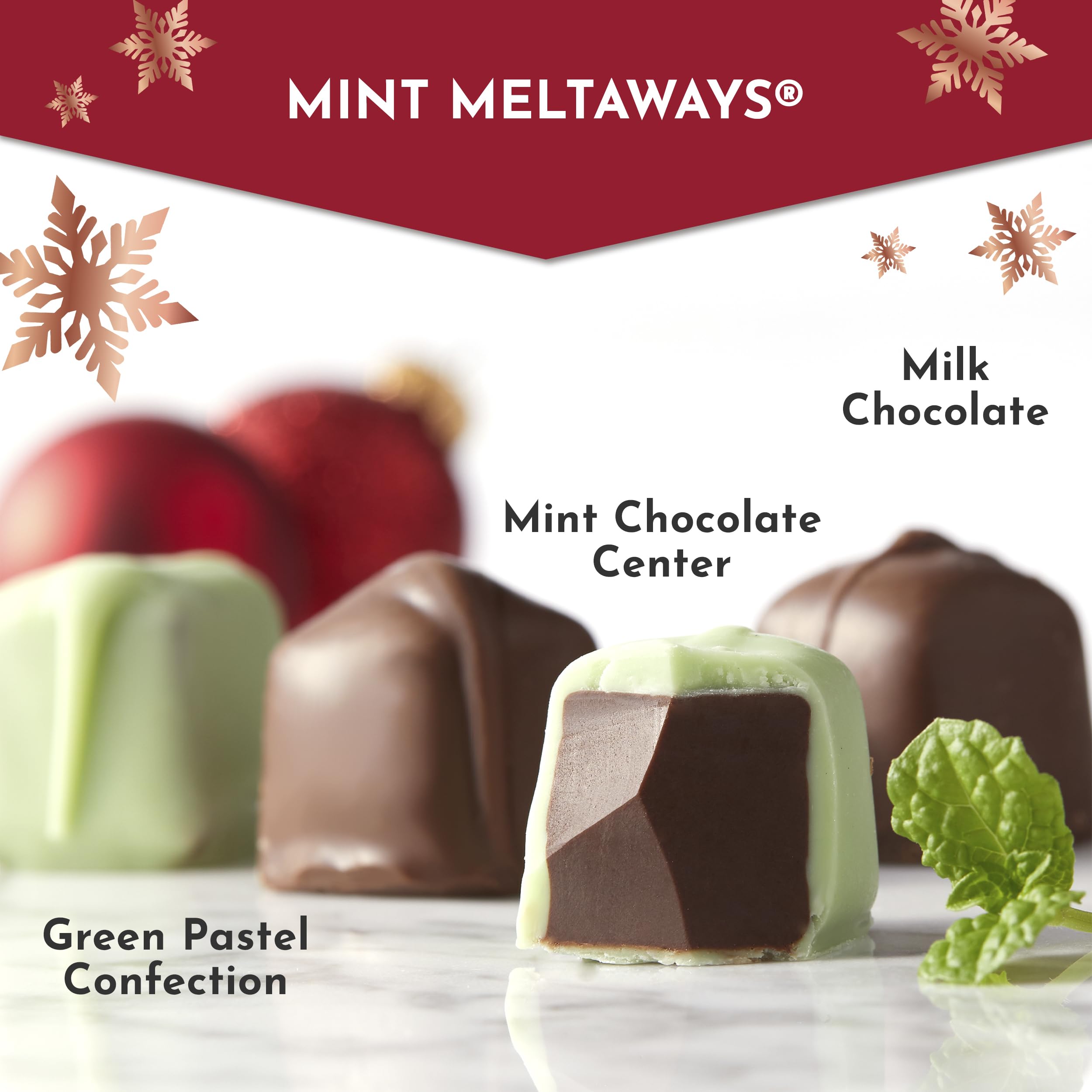Milk chocolate layer over cool mint cream with pastel coating.