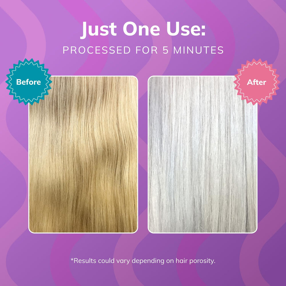 Rinsed hair shows shine and reduced brassiness after use.