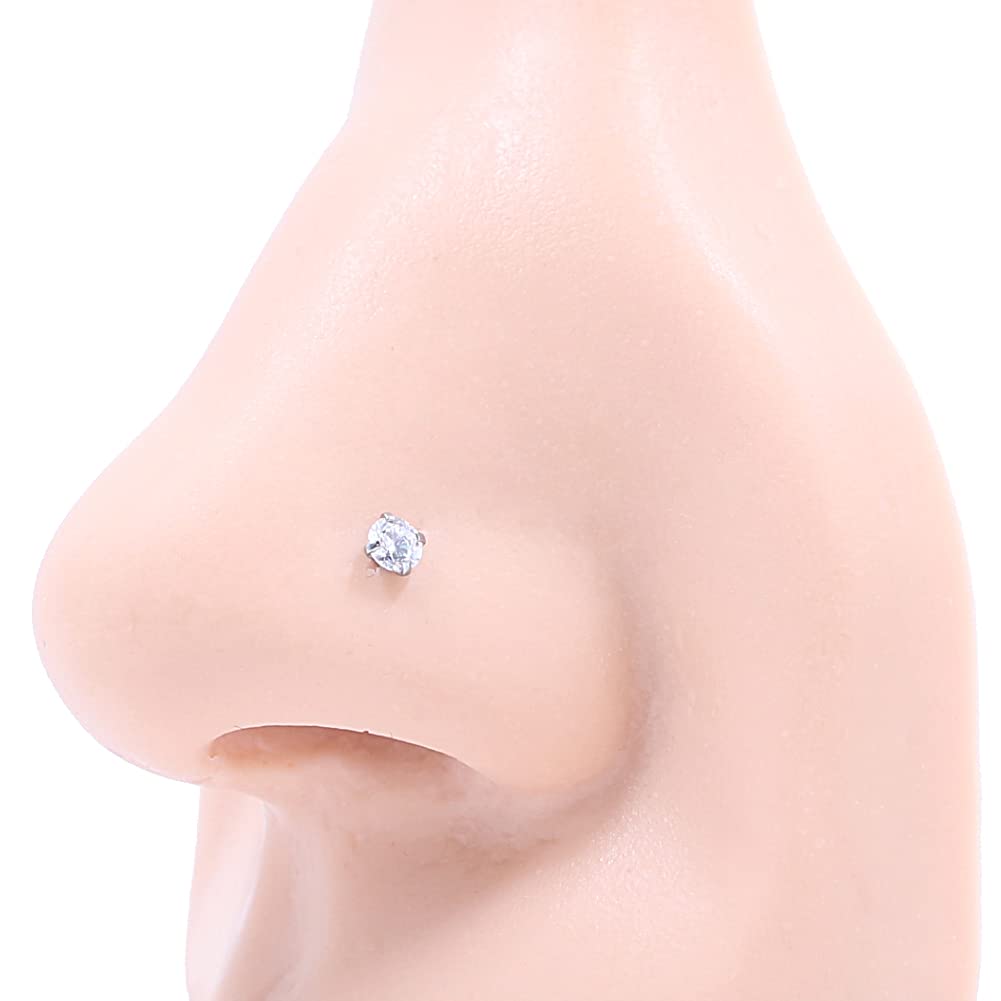 Close-up of CZ diamond on Fansing nose stud, sparkling and securely set.