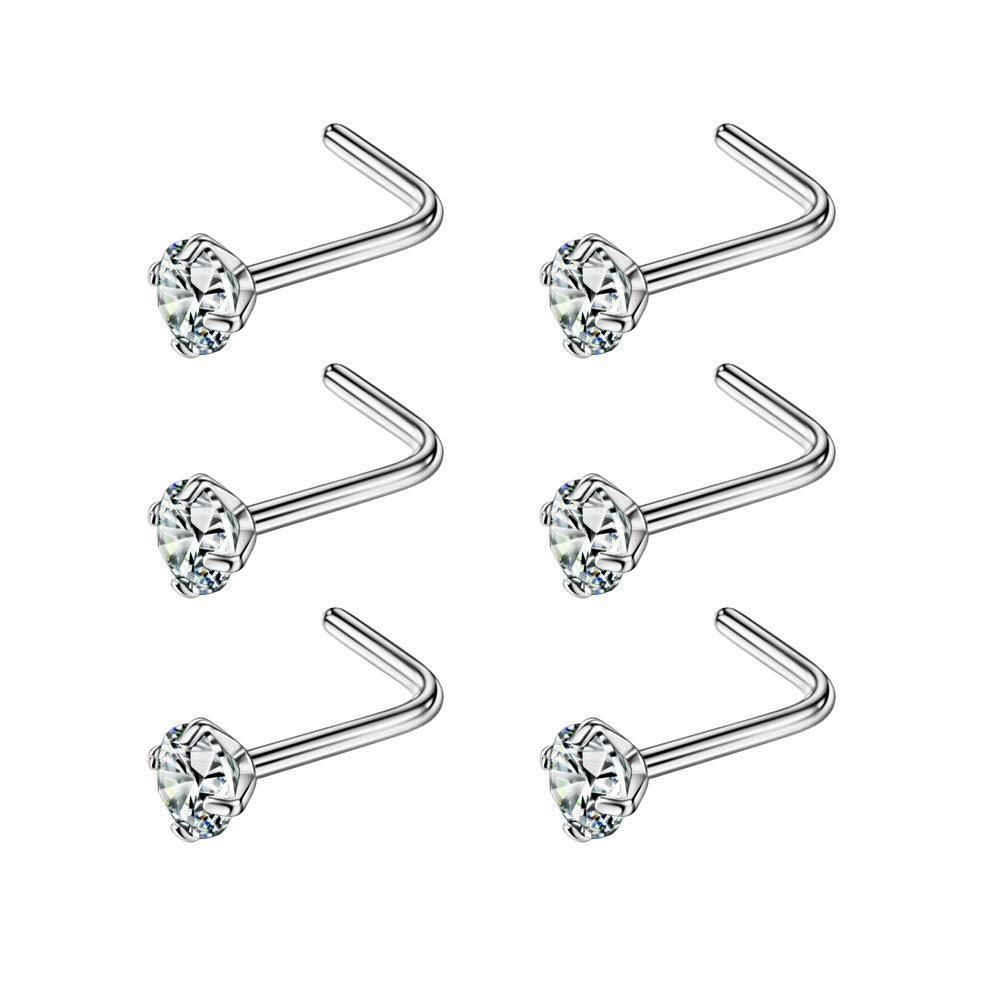 Fansing L-shape nose ring with 3mm CZ diamond, secure fit for nostrils.