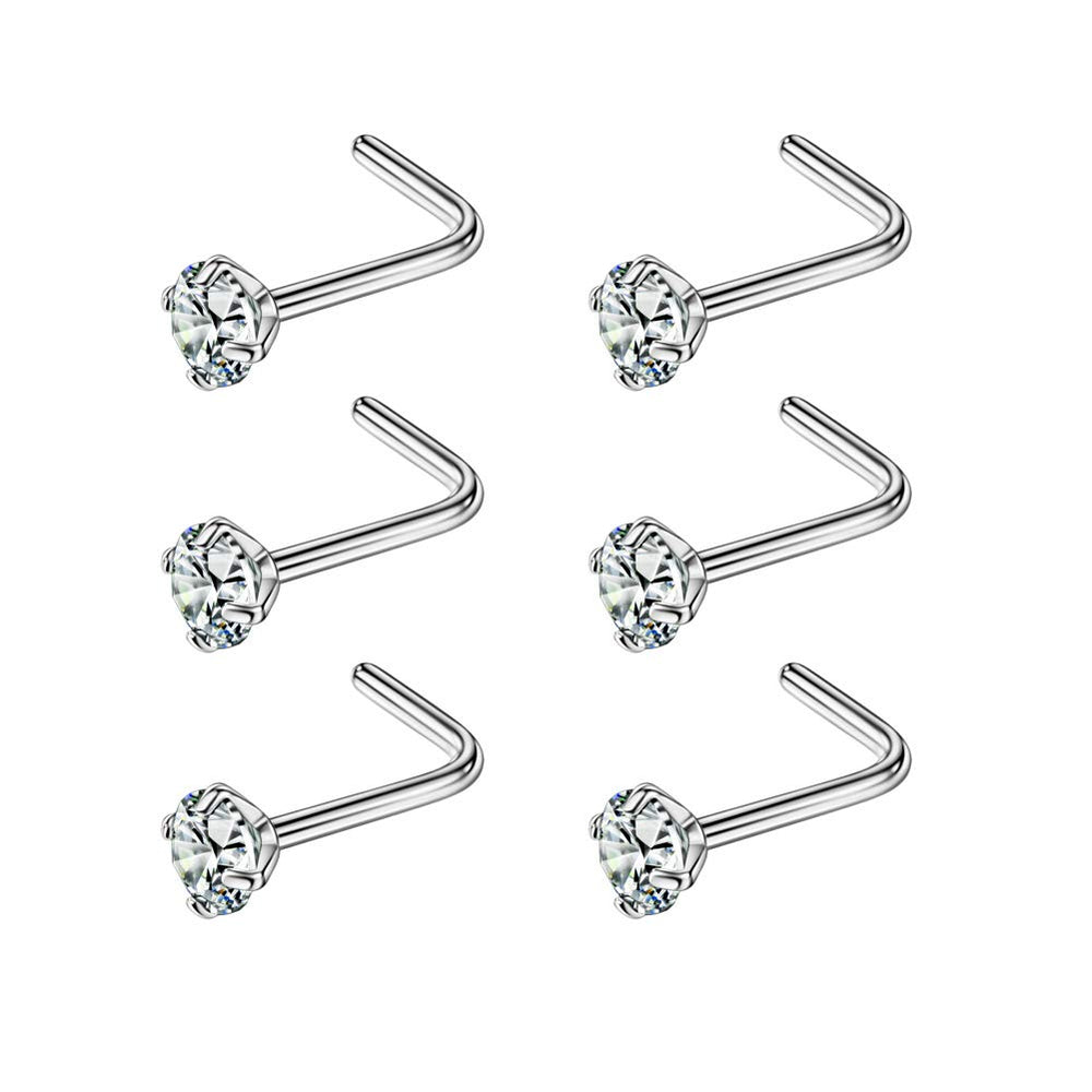 Fansing L-shape nose ring with 3mm CZ diamond, secure fit for nostrils.