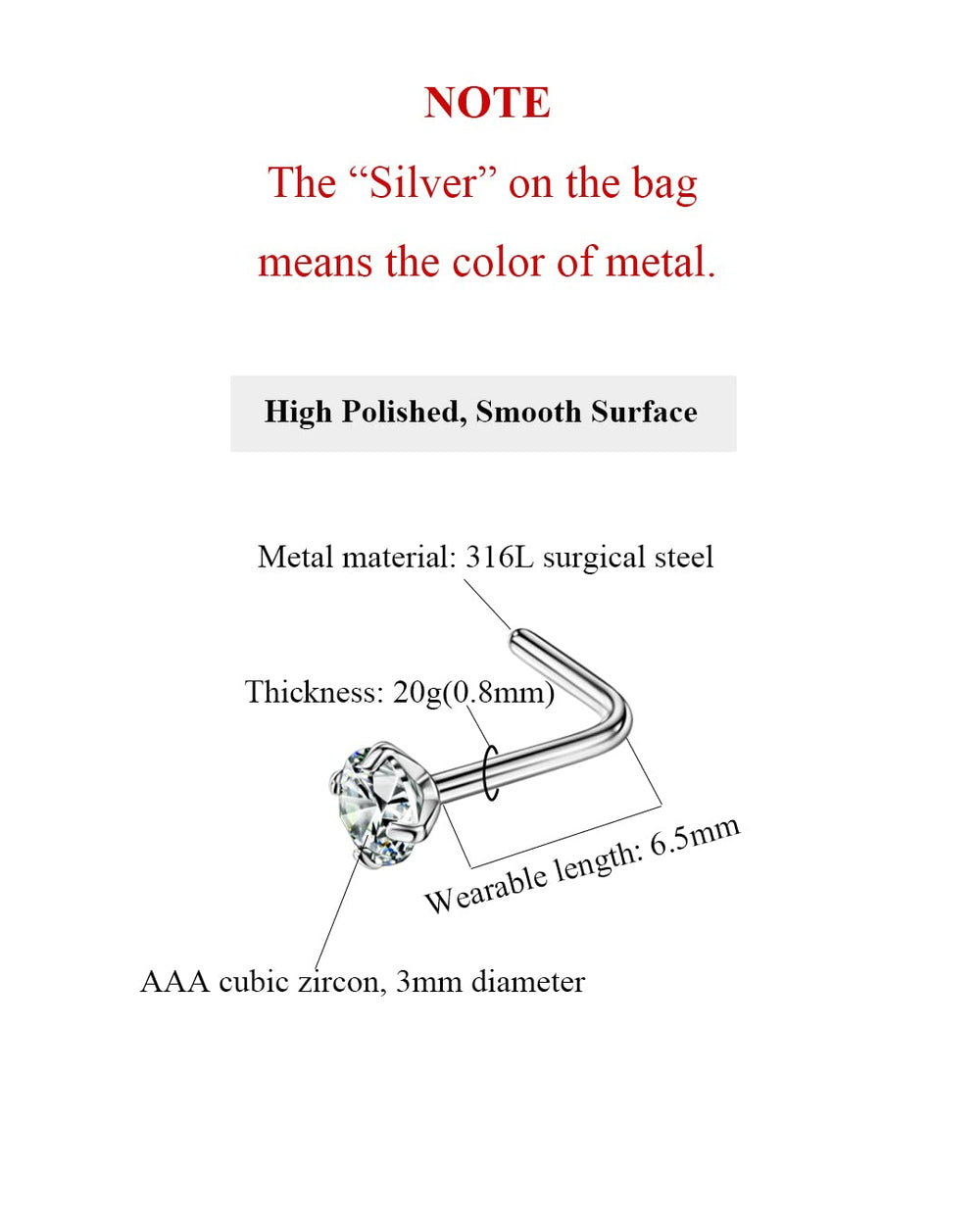 Fansing 316L surgical steel nose stud, 20G, nickel-free for sensitive skin.