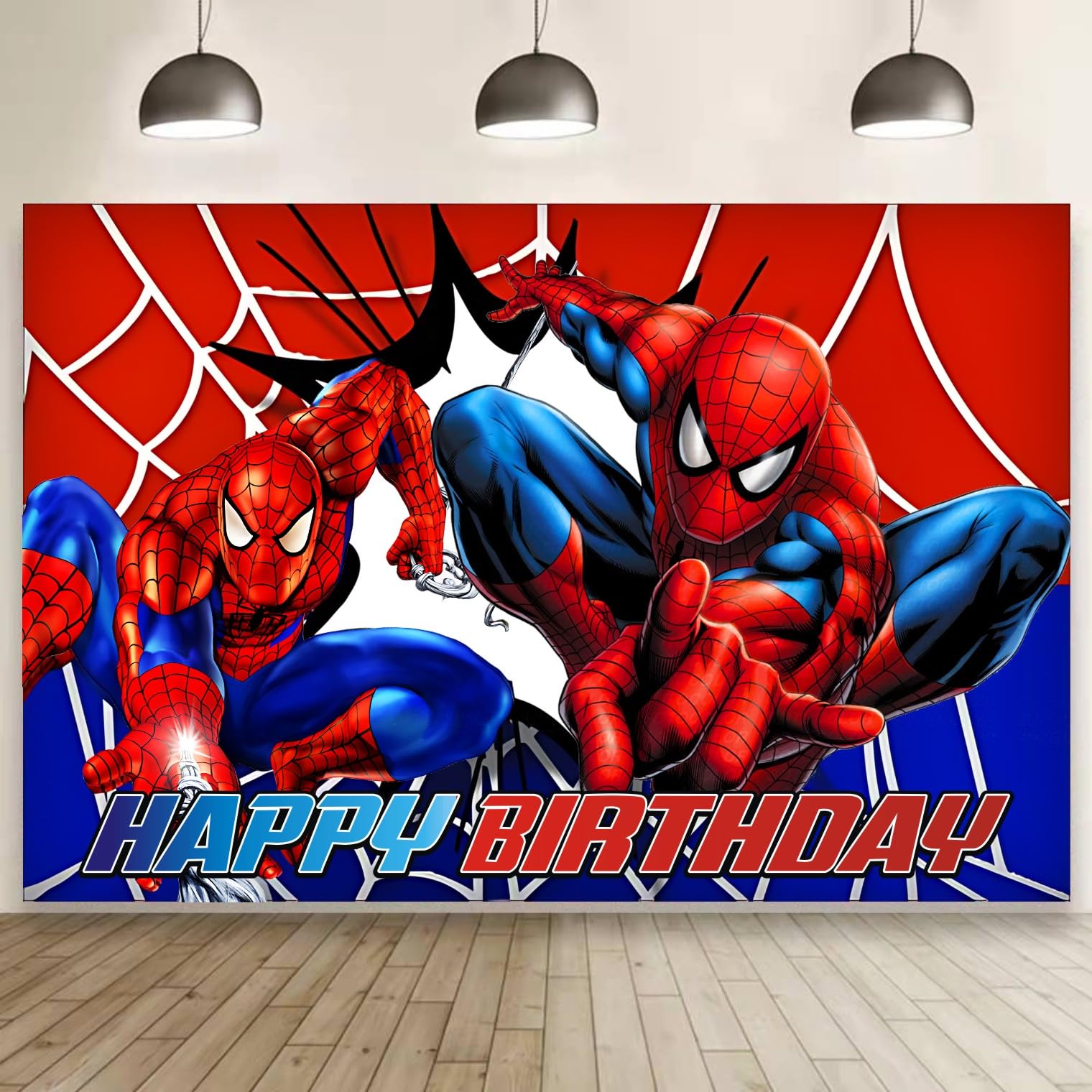 Fantarea spider birthday banner 5x3ft creates a vibrant party backdrop.