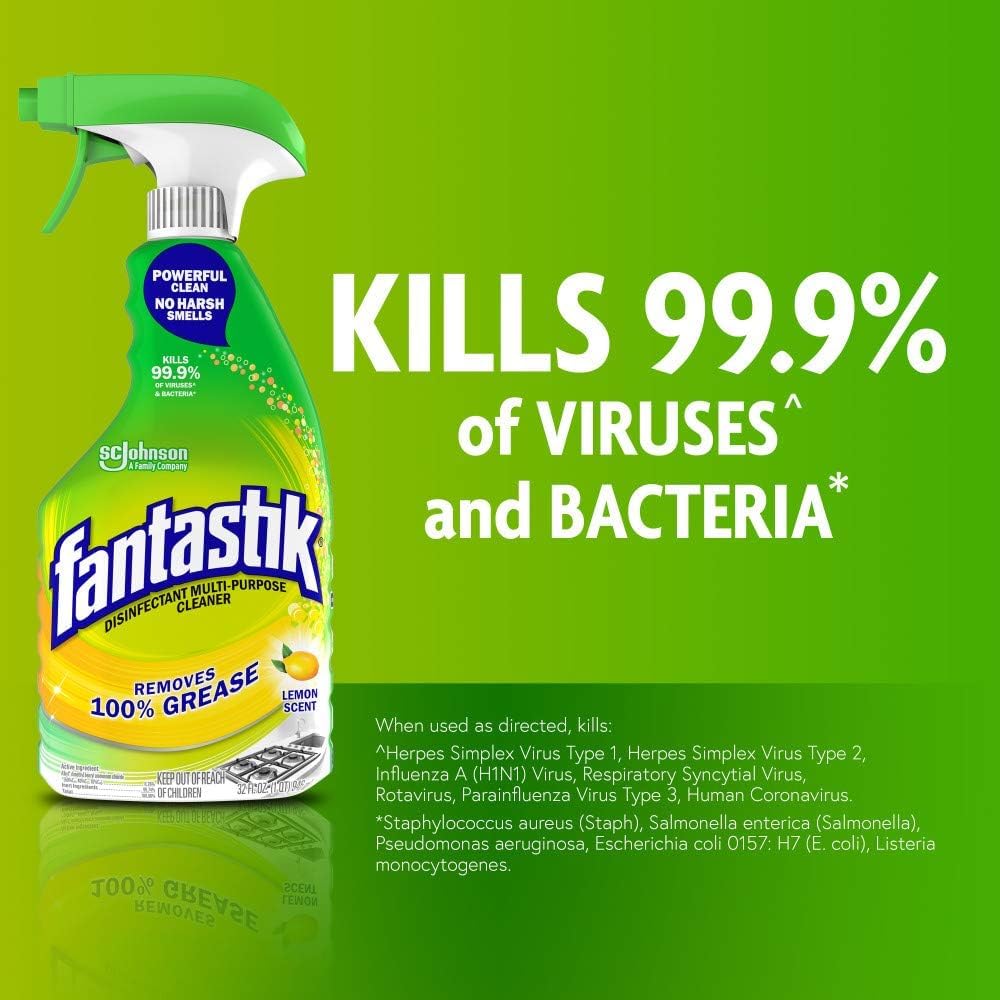 Fantastik all-purpose cleaner trigger lemon spray action highlights quick grease removal.