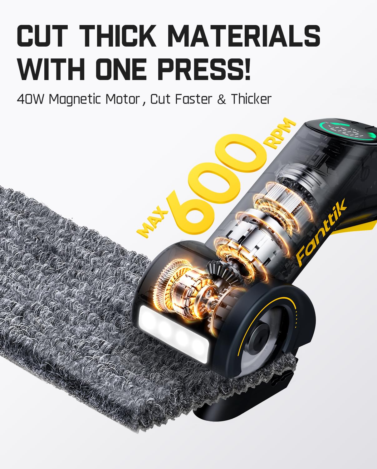 Fanttik C10 Pro at 600 RPM demonstrates fast cutting action on cardboard.