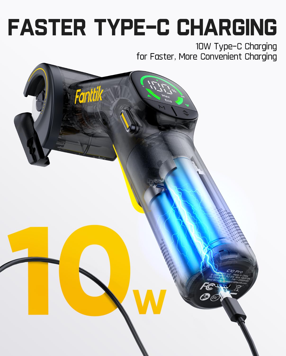 Fanttik C10 Pro Type-C fast charging for rapid power-ups.