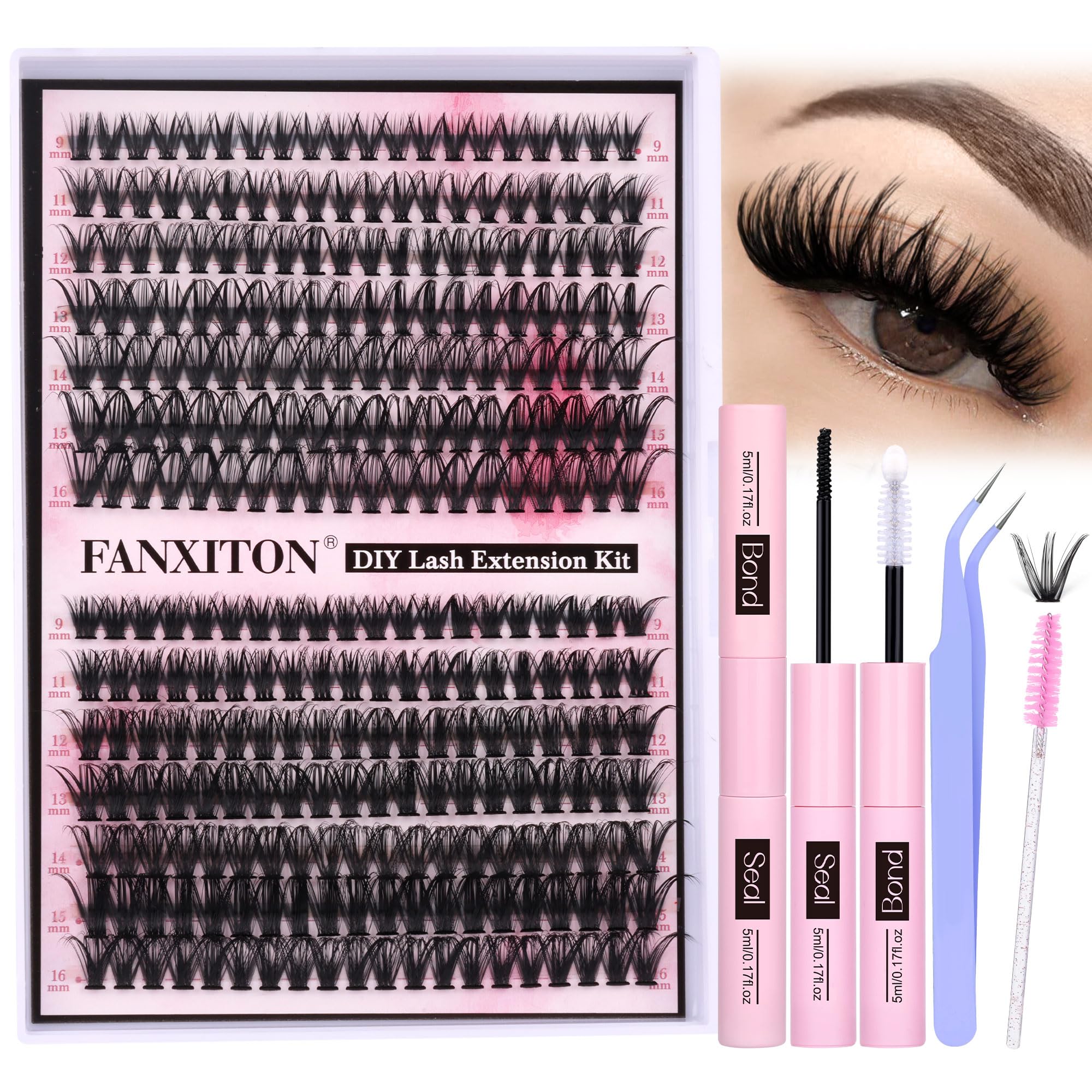FANXITON DIY eyelash kit contents with 280 clusters for at-home salon results.