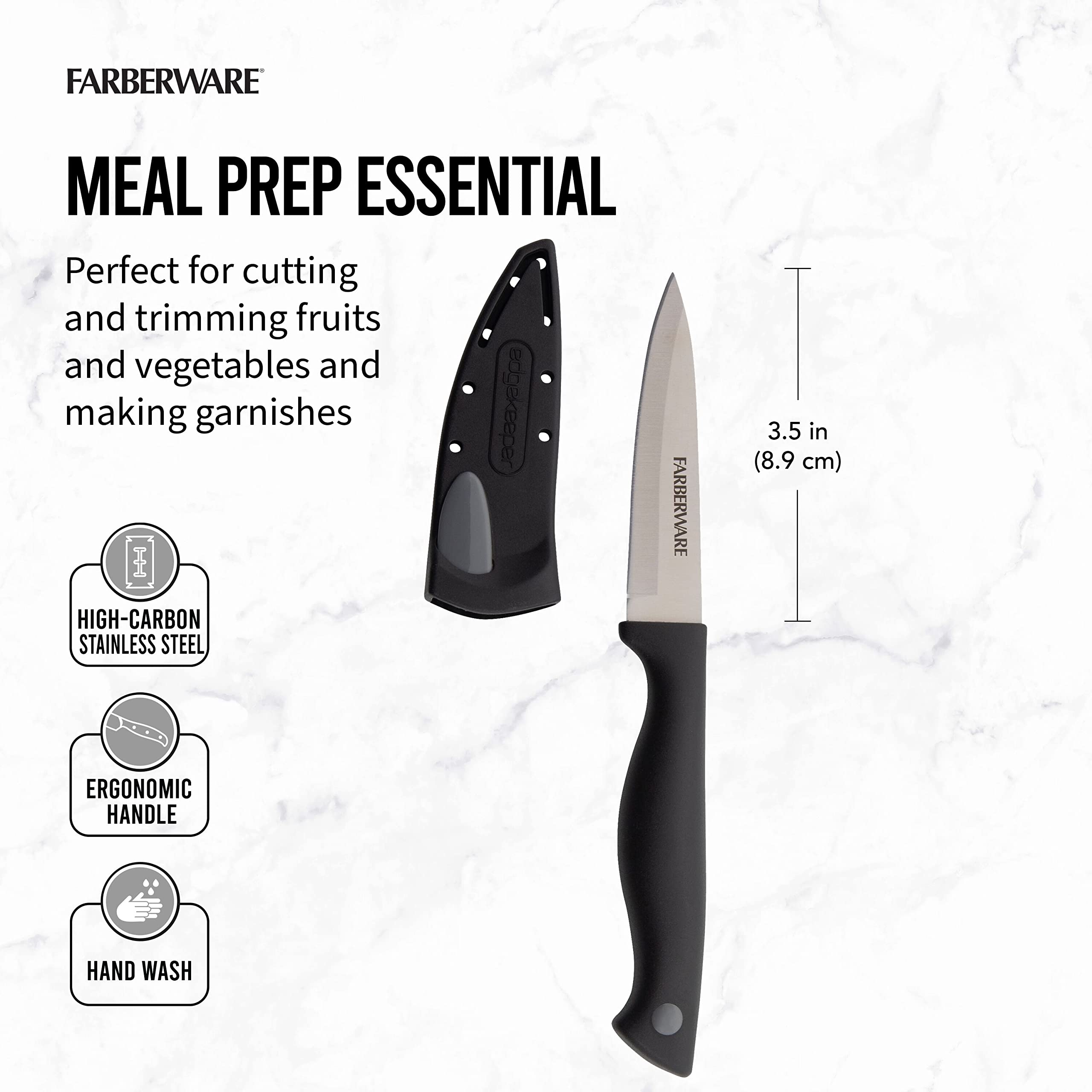 Farberware Edgekeeper paring knife shows ergonomic handle for comfortable control.