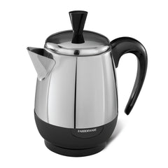 Farberware electric coffee percolator front view shows a compact, durable stainless steel design.