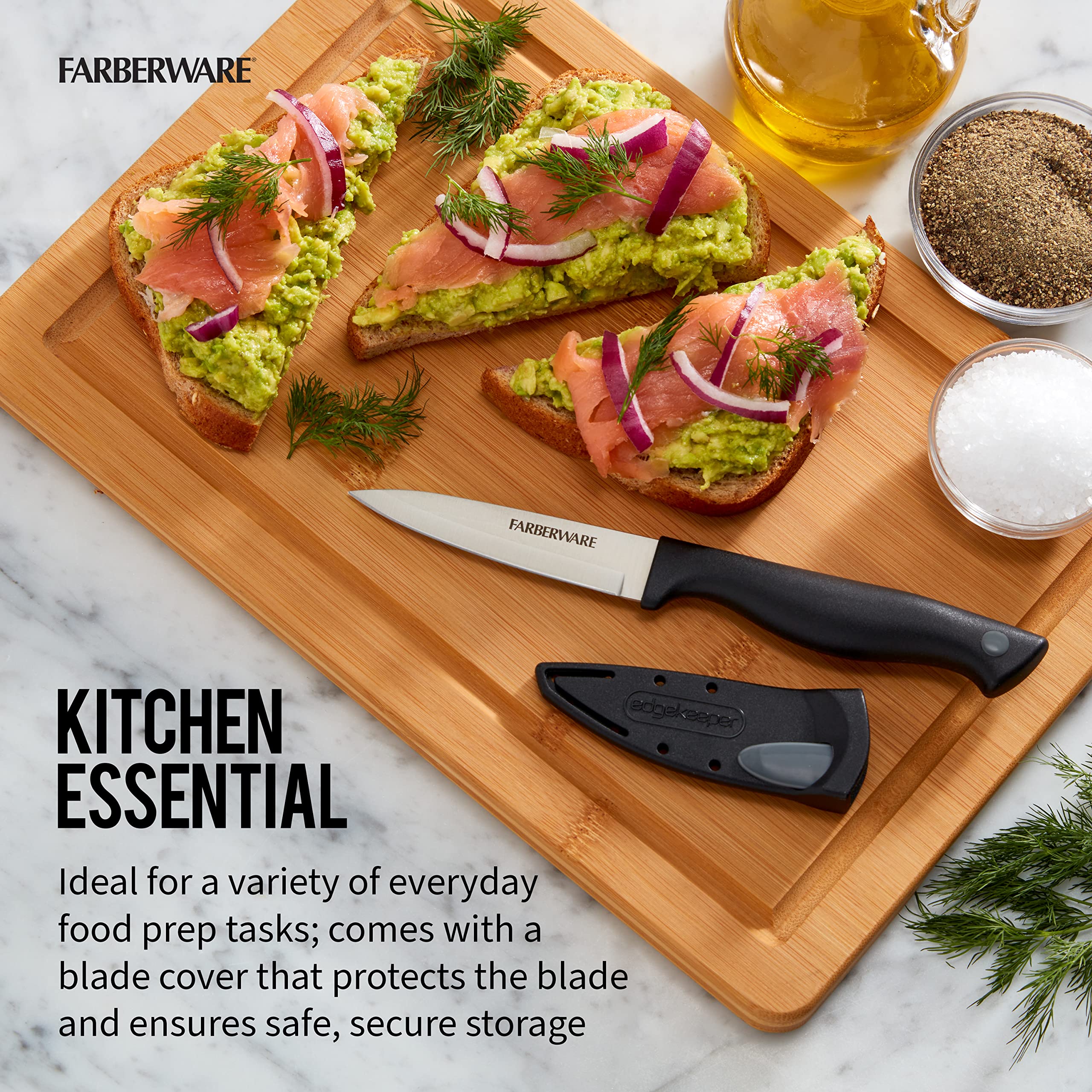 Farberware high-carbon stainless steel blade preserves sharpness over time.