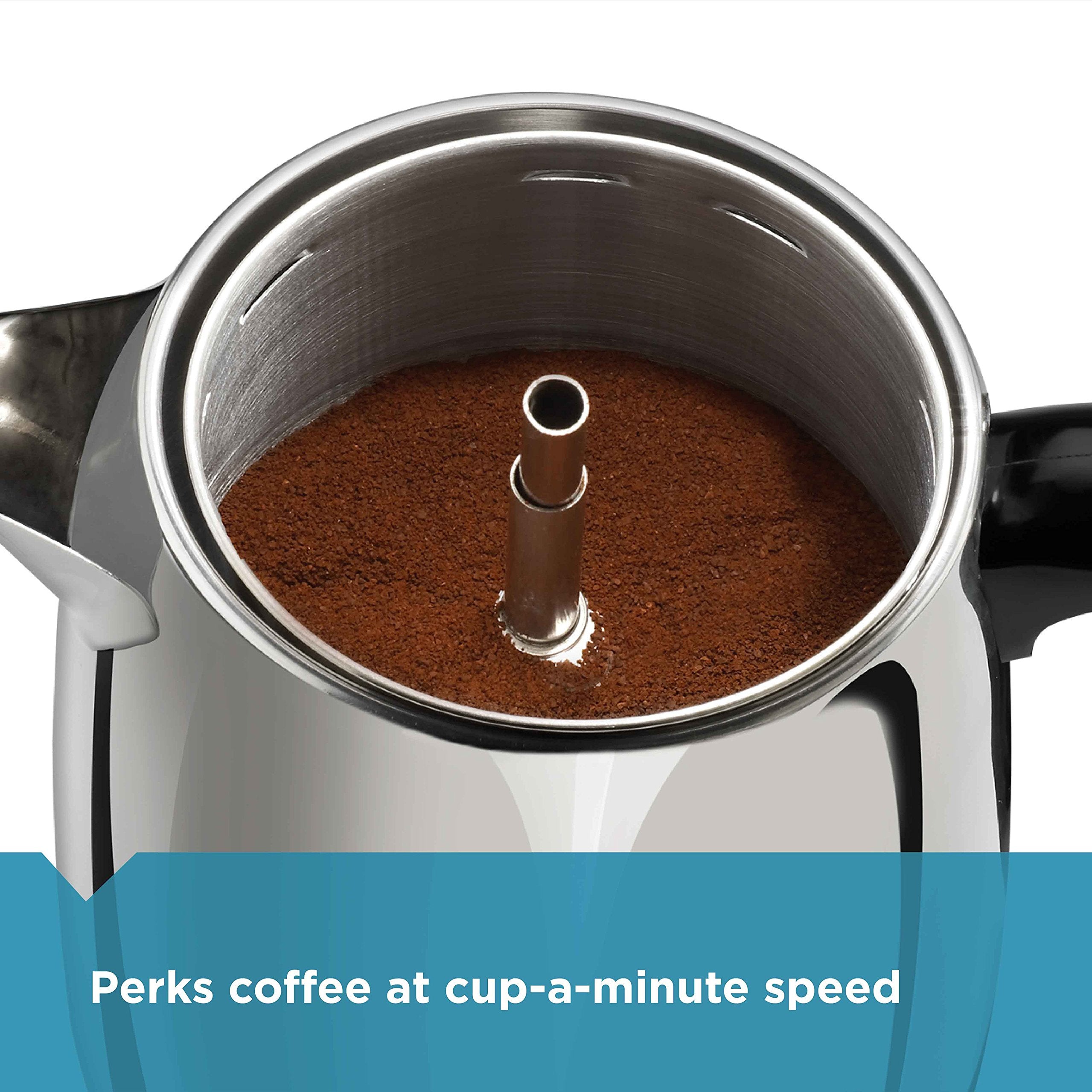 Farberware percolator cup-a-minute brew shot showcases speed for busy mornings.