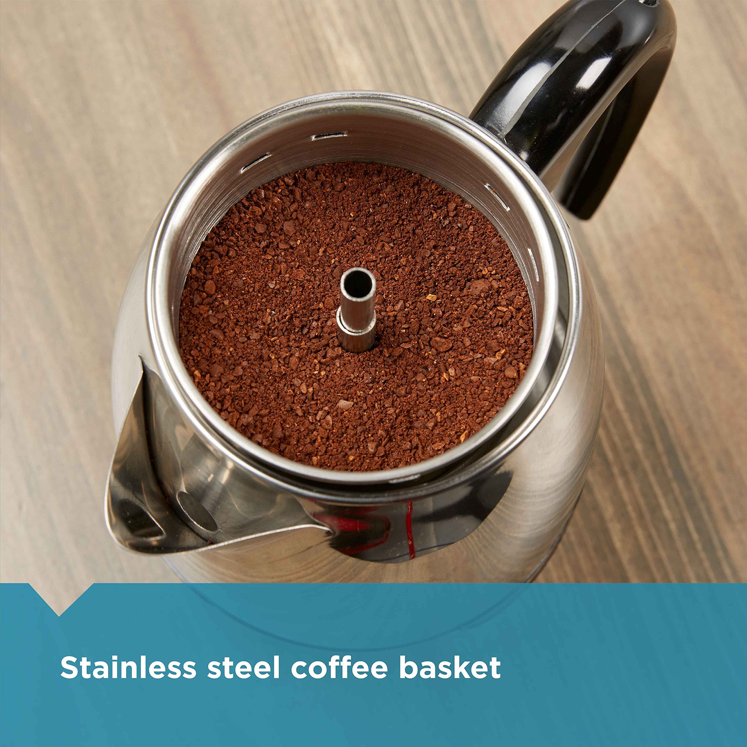 Farberware percolator no-drip spout image emphasizes clean pouring and less mess.