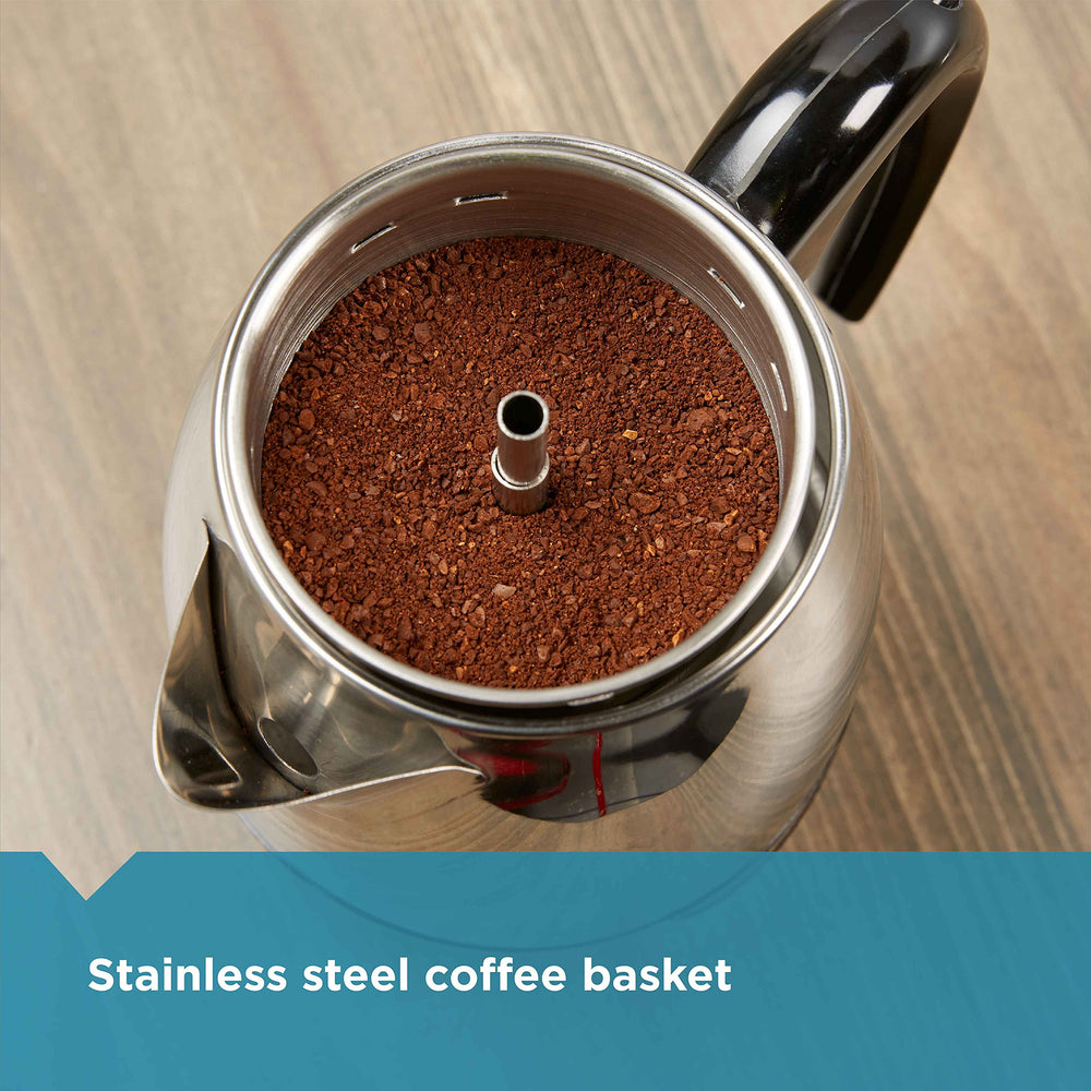 Farberware percolator no-drip spout image emphasizes clean pouring and less mess.
