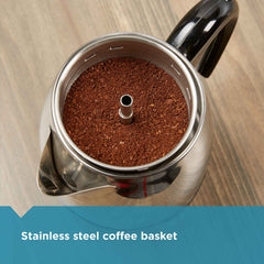 Farberware percolator no-drip spout image emphasizes clean pouring and less mess.