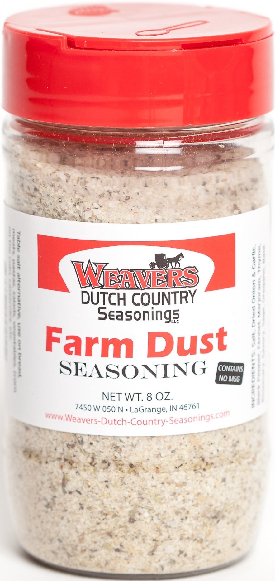 Farm Dust Seasoning bottle front showing all-purpose flavor enhancer in a modern kitchen.