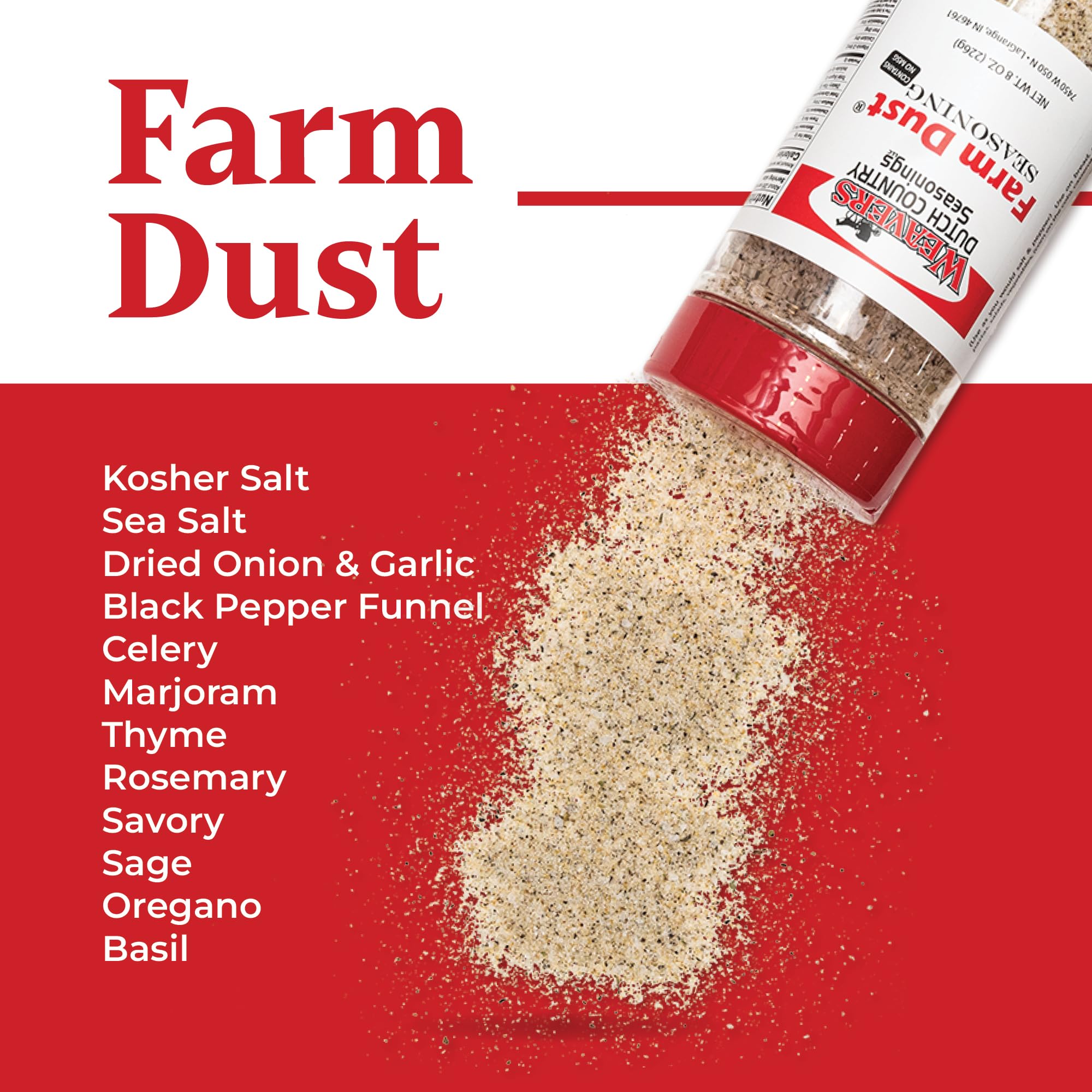 Farm Dust Seasoning on kitchen shelf for versatile flavor boosts at mealtime.